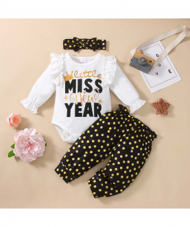 3-Piece Baby Girl Ruffled Letter Print New Year Long-sleeve Romper, Polka dots Paperbag Pants and Headband Set