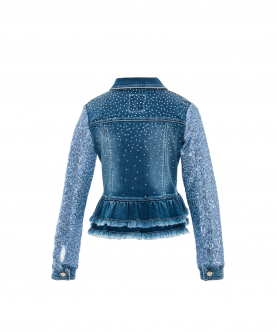 Navy Blue Girl Sequin Fabric Stone Printed Frilly Jacket