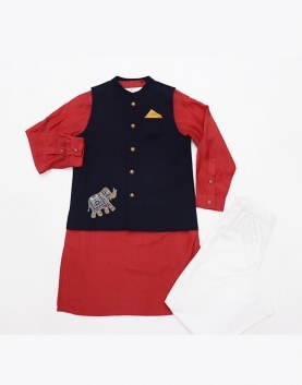 Navy Blue Cotton Suiting Bandi With Elephant Motif Red Cotton Silk Kurta & White Poplin Pyjama