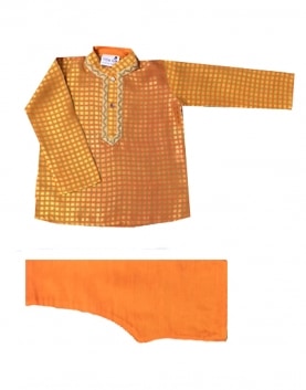 Mustard Orange Kurta Churidar Set with A Box Print All Over and Detailing On The Neck and Placket