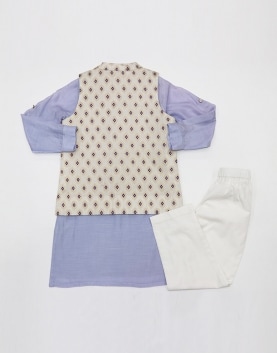 Purple Brocade Bandi With Lilac Cotton Silk Kurta & Pyjama