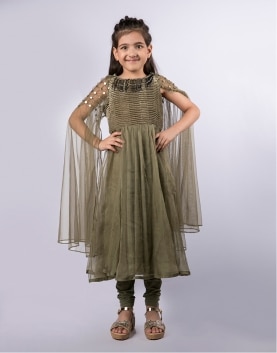 Tasselled Neck Pintucked Bubble Pleated Caped Anarkali with Chridaar