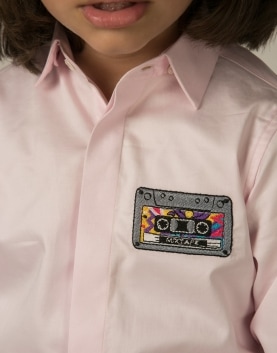 Pink Cotton Satin Mix Tape Embroidered Shirt