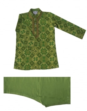 Green Printed Kurta Churidar Set with Neck and Collar Detailing