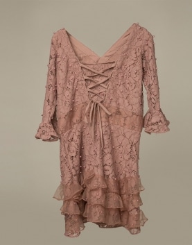 Pink Lace Dress with Pearls