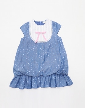 Blue Cotton Star Print Balloon Dress With White Bib & Lace Detail & Pink Bow