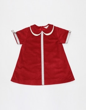 Red Corduroy Dress With Lace Trim In Front & Bow On Sleeves