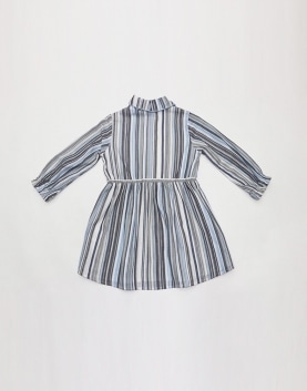 Blue Striped Cotton Dress With Gathered Waist Concealed Placket & Bow Detail