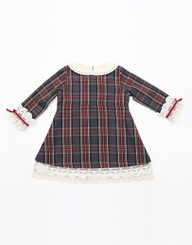 Checkered Layered Dress With Ivory Trim And Red Tape Bows On Sleeves