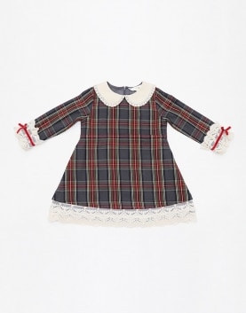 Checkered Layered Dress With Ivory Trim And Red Tape Bows On Sleeves