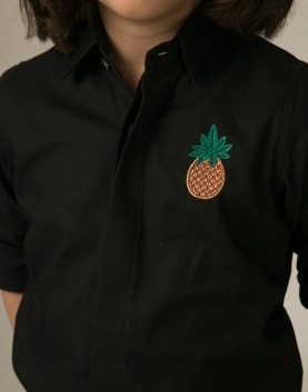 Self Black Cotton Pineapple Embroidered Shirt