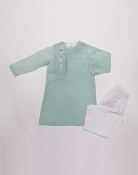 Aqua Cotton Silk Kurta With Side Embroidered Plkt With White Pyjama
