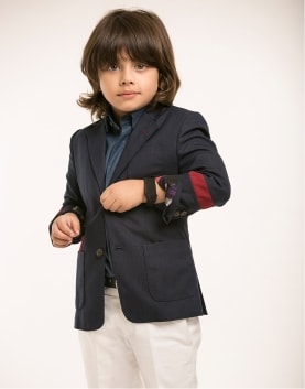Dark Blue Jacket with Red Stripe Detail Ivory Trouser