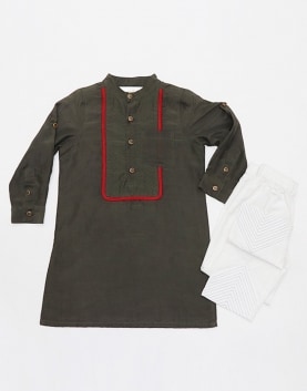 Military Green Cotton Silk Kurta Set With Yoke And Red Trim Detail With Top Stitch Pyajama