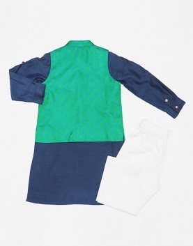 Sea Green Tanchoi With Navy Blue Cotton Silk Kurta & White Poplin Pyjama