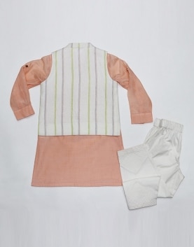 Striped Linen Bandi With Peach Cotton Silk Kurta & White Poplin Pyjama