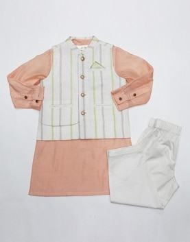 Striped Linen Bandi With Peach Cotton Silk Kurta & White Poplin Pyjama