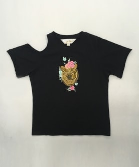 Black Tshirt Cold Shoulder Tiger With Flower Embroidery