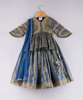 Zari Thread Work Peplum Top And Sequin Embroidered Lehenga With Blue Dupatta