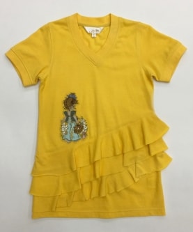 Yellow Frill Dress With Girl And Basket Embroidery