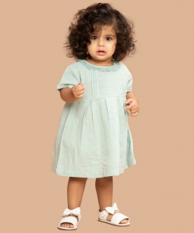 Mint Pleated Cotton Frock With Bloomer