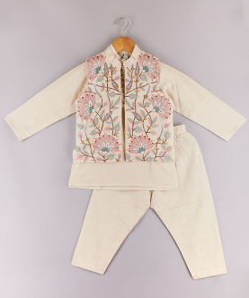 Multi Colour Floral Embroidered Jacket With Cotton Kurta And Pyjama