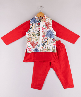  Multi Colour Floral Thread Work Jacket With Red Kurta And Pyjama