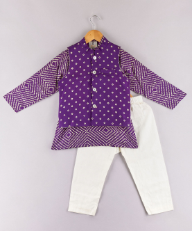 Purple Bandhani Printed Jacket And Kurta With Pyjama