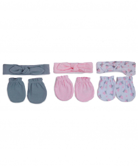 Baby Moo Matching Pink And Grey 3 Mittens And 3 Headbands Set
