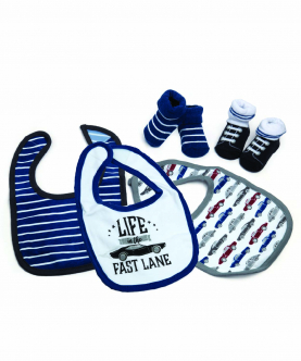 Baby Moo Driving In The Fast Lane Blue And White Set Of 3 Bibs And 2 Socks