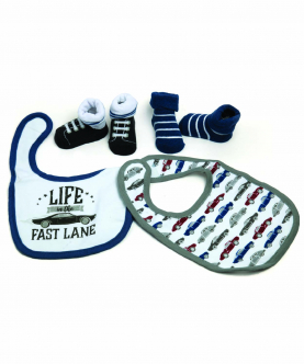 Baby Moo Driving In The Fast Lane Blue And White Set Of 3 Bibs And 2 Socks