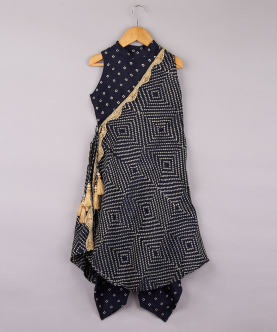 Navy Blue Bandhani Printed Top And Dhoti With Cape Style Jacket