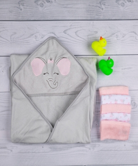 Baby Moo Elephant Grey and Pink Towel & Wash Cloth Set