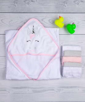 Baby Moo Whimsical Unicorn White Towel & Wash Cloth Set