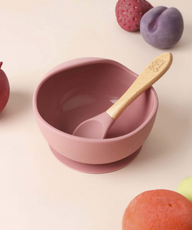 Kicks & Crawl-Silicone Bowl & Spoon Set-Pink