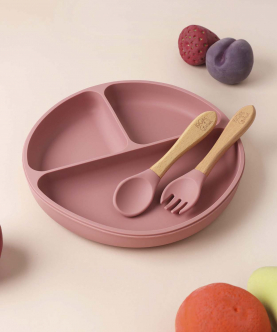 Kicks & Crawl-Silicone Plate & Cutlery Set-Pink