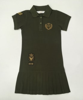 Military Green Pleated Dress With Badges And Initial Embroidery