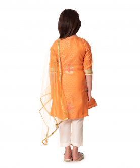 Orange Silk Kurti With Ankle Length Pants And Dupatta