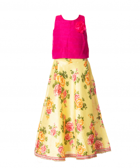 Yellow Floral Printed Skirt With Pink Blouse 