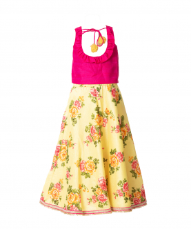 Yellow Floral Printed Skirt With Pink Blouse 