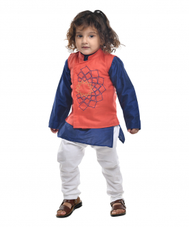 Blue Kurta With Red Embroidered Jacket