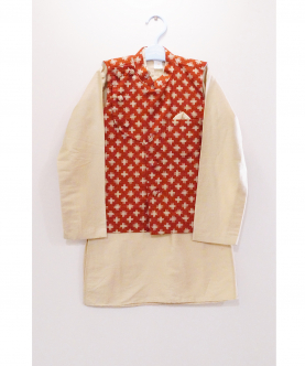 Beige Kurta with Red Printed Jacket And Pant