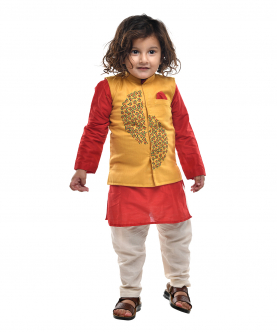 Red Kurta With Yellow Embroidered Jacket