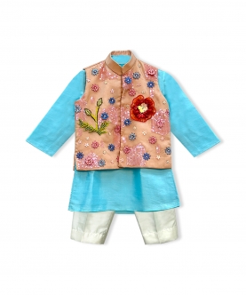 Pink Floral Embroidered Waistcoat With Blue Kurta