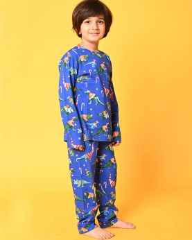 Dinosaur Christmas Long Sleeves Boys Pyjama Set-Blue