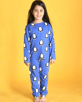 Penguin Long Sleeves Girls Pyjama Set-Blue