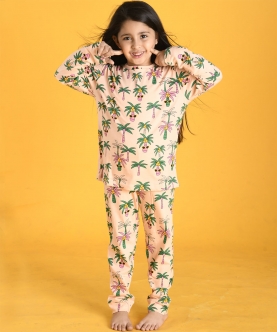 Palm Tree Long Sleeves Girls Pyjama Set-Peach