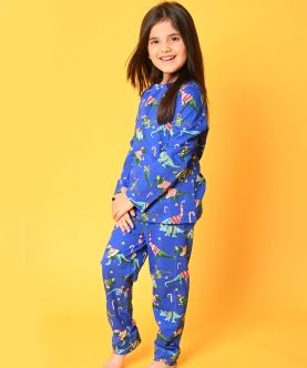 Dinosaur Christmas Long Sleeves Girls Pyjama Set-Blue