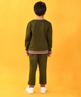 Olive Multicolor Rib Fleece Sweatshirt Jogger Set - Olive