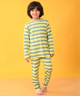 Oil Green Yellow Striped Long Sleeves Boys Pyjama Set